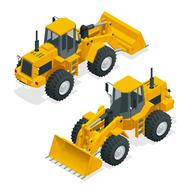 Ilustração vetorial isométrica trator bulldozer amarelo, máquina de construção, bulldozer isolado em branco. Carregador de rodas amarelo, carregador dianteiro. A carregar pá. Máquina de equipamento pesado . — Vetor de Stock