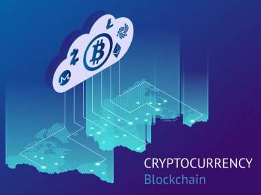 Cryptocurrency ve blockchain izometrik kavramı. İzometrik vektör çizim. İş finansal kavramı. Cryptocurrency veya dijital para gösterilen