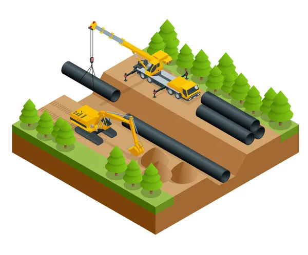 Ilustración isométrica vectorial del proceso de construcción. Trabajos de construcción de la tubería de colocación de la tubería en la zanja mediante una grúa y una excavadora aisladas en blanco . — Vector de stock