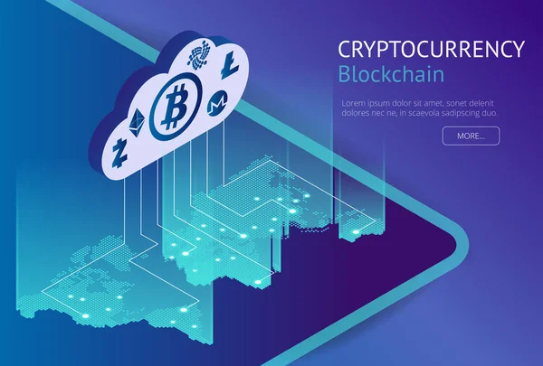 Concepto isométrico criptomoneda y blockchain. Ilustración isométrica vectorial. Concepto financiero empresarial. Mostrando la criptomoneda o dinero digital — Archivo Imágenes Vectoriales