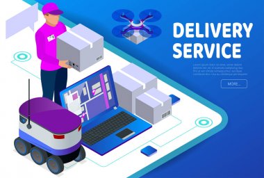 Eve teslim hızlı. Kurye kadın bir kutusu görüntülenir. Online alışveriş. Ücretsiz nakliye, 24 saat teslimat. Düz 3d izometrik çizim vektör. Dünya çapında ekspres teslimat kavramı.