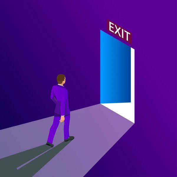 Businessman going exit door sign, emergency. Business solution or exit strategy concept. Leaving the office building. Isometric illustration. — Stock Vector