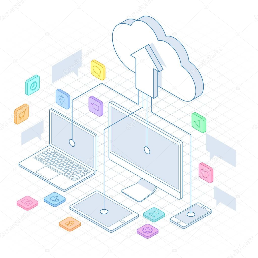 Isometric Cloud Computing Concept in outline isolated on white. Cloud computing services and technology, data storage. Technology Service line design web banner.