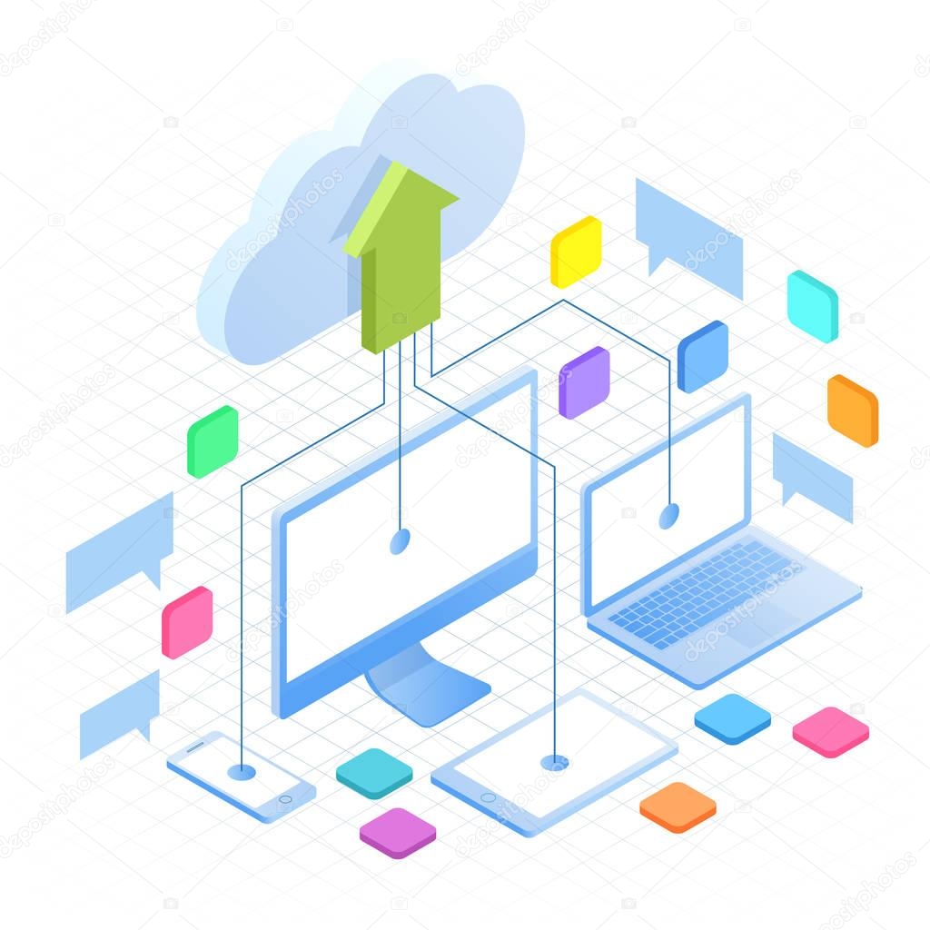 Isometric Cloud Computing Concept in outline isolated on white. Cloud computing services and technology, data storage. Technology Service line design web banner.