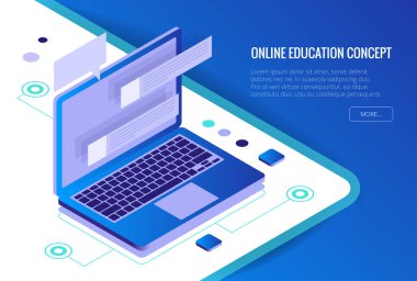 İzometrik eğitim, Online Eğitim, Online Eğitim, Webinar iş eğitim. Düz vektör çizim bilgi uzmanlık zeka kavramı öğrenmek
