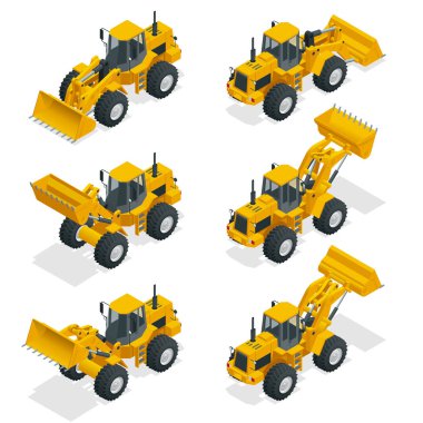 İzometrik vektör çizim sarı buldozer traktör, inşaat makinesi, üzerinde beyaz izole buldozer. Sarı Lastik tekerlekli yükleyici, endüstriyel araç. Pnömatik kamyon. Üretim ekipmanları