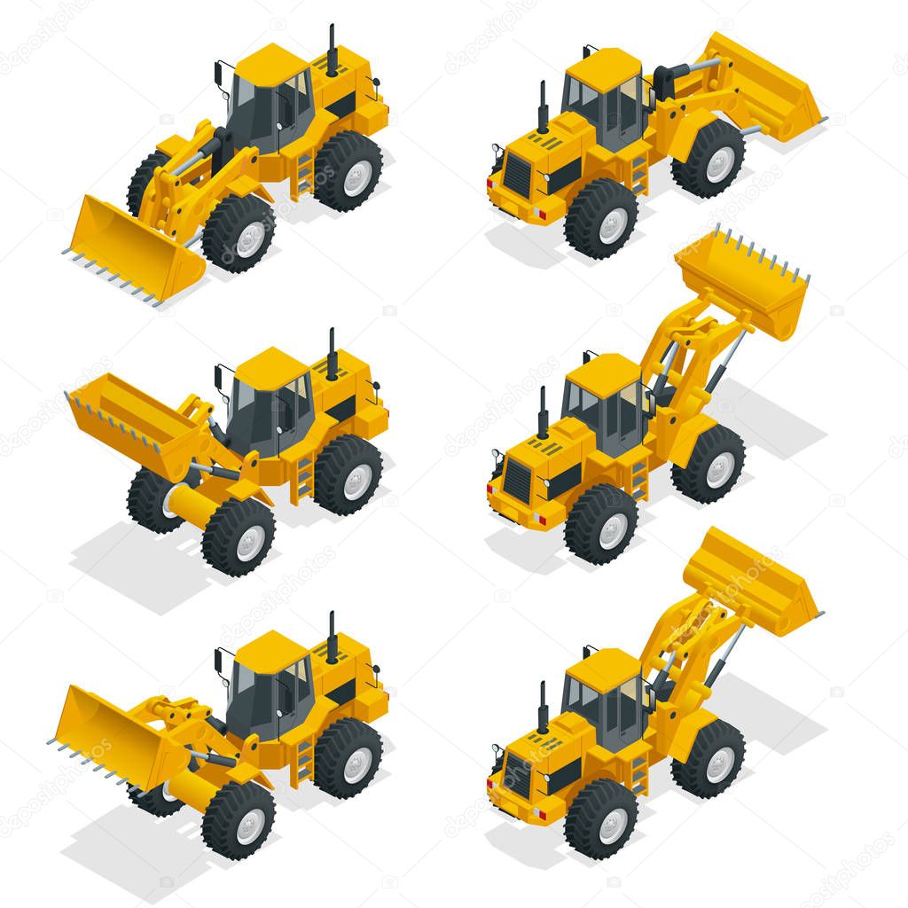 Isometric Vector illustration yellow bulldozer tractor, construction machine, bulldozer isolated on white. Yellow Wheel Loader, Industrial Vehicle. Pneumatic Truck. Manufacturing Equipment