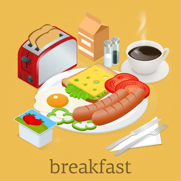 Isométrico Conjunto de iconos de desayuno y equipo de cocina. Desayuno inglés con huevos fritos, tocino, salchichas, frijoles, tostadas, café y ensalada fresca. Ilustración vectorial — Archivo Imágenes Vectoriales