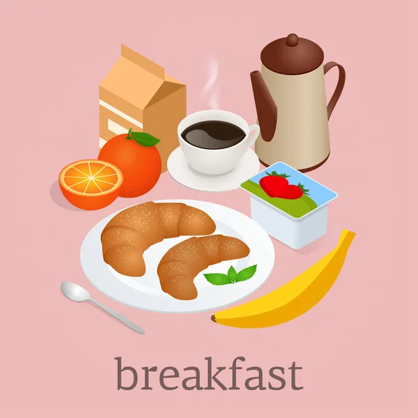 Isometrisches Frühstücks- und Küchengerätekonzept. Frühstück mit Kaffee, Orangensaft, Croissants, Müsli und Obst. ausgewogene Ernährung. Vektorillustration — Stockvektor