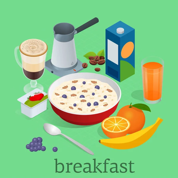 Isometric Breakfast and kitchen equipment icons set. Breakfast served with coffee, orange juice, oatmeal with berries and honey. and fruits. Balanced diet. Healthy breakfast. Vector illustration — Stock Vector