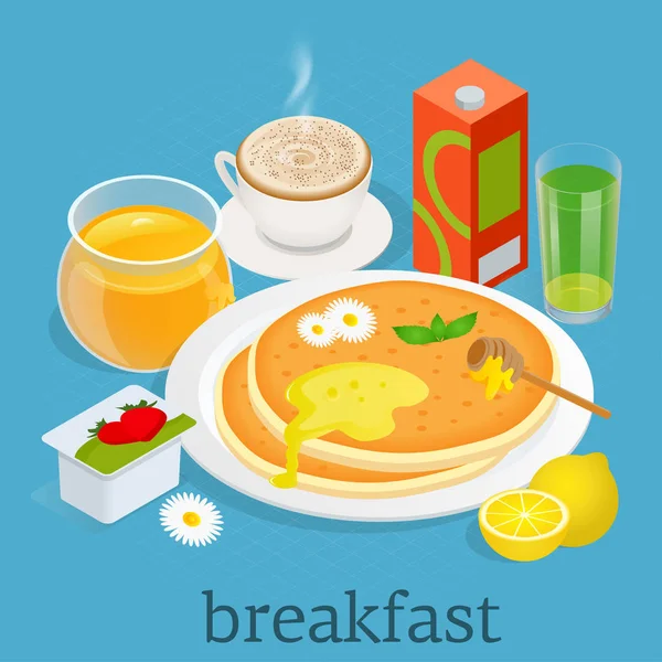 Isometrica. Set di icone per attrezzatura da colazione e cucina. Colazione servita con yogurt, caffè, succo di frutta, frittelle con bacche e sciroppo d'acero. Dieta equilibrata. Illustrazione vettoriale — Vettoriale Stock