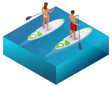İzometrik Paddleboard plaj erkek ve kadın üzerinde kürek kurulu sörf sörf okyanus Denizi ayağa. Su spor kavram. Etkin yaz tatillerini paddle kurulu ile