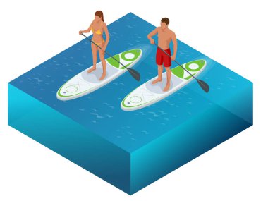 İzometrik Paddleboard plaj erkek ve kadın üzerinde kürek kurulu sörf sörf okyanus Denizi ayağa. Su spor kavram. Etkin yaz tatillerini paddle kurulu ile