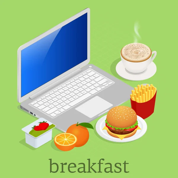 Isometrisch ontbijten achter computer op werkruimte. Klassieke Burger aardappelen frietjes in rode pakket Box, Vector. Fastfood — Stockvector