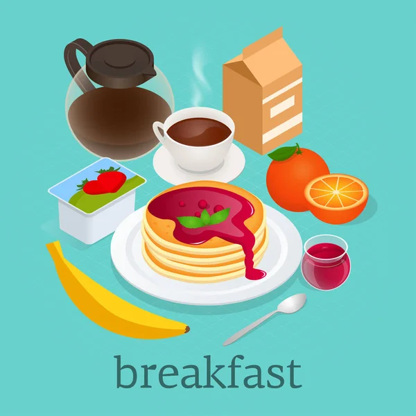 Ισομετρική έννοια της Μηλένιες τηγανίτες με μούρο μαρμελάδας, ζεστό τσάι, γιαούρτι, γάλα και μπανάνα. Νόστιμο και υγιεινό πρωινό. Υγιεινά τρόφιμα. Εικονογράφηση διάνυσμα — Διανυσματικό Αρχείο