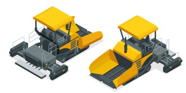 İzometrik asfalt finişer, asfalt beyaz arka plan altında makine yayılıyor. Vektör çizim