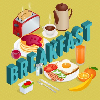 İzometrik kahvaltı ve mutfak ekipmanları Icons set. İngiliz kahvaltısı kızarmış yumurta, pastırma, sosis, fasulye, tost, kahve ve taze salata ile.
