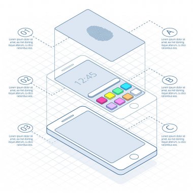 Smartphone, anahat üzerinde parmak izi tarama izometrik kavramı. Cep telefonu kilidini. Bir parmak izi içinde hareket eden telefon kullanıcı kimliği gösterimi.