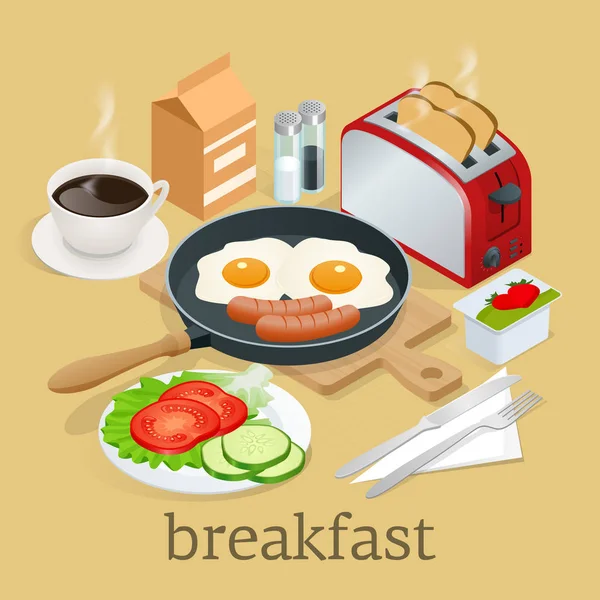 Isométrico Conjunto de iconos de desayuno y equipo de cocina. Desayuno inglés con huevos fritos, tocino, salchichas, frijoles, tostadas, café y ensalada fresca . — Vector de stock