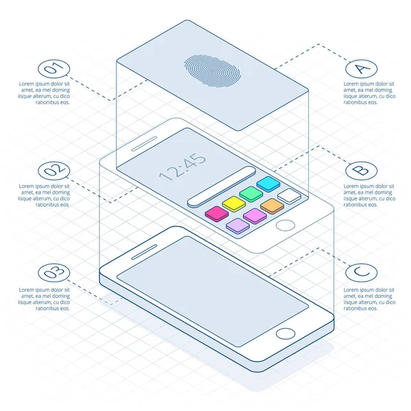 Izometrické pojem skenování otisků prstů na smartphonu, na obrysu. Odemkněte mobilní telefon. Ilustrace identifikace uživatele na otisk v mobilním telefonu. — Stockový vektor