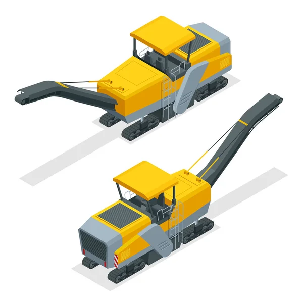 Fresado de pavimentos isométricos, cepillado en frío, fresado de asfalto o perfilado. Proceso de remover parte de la superficie de un área pavimentada como una carretera, puente o estacionamiento . — Archivo Imágenes Vectoriales