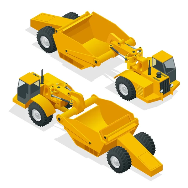 Isometrisk hjul traktor-skrapan. Hjul traktor-skrapan, tung utrustning för schaktning. skrapan ett transportband flyttar material från framkant i tratten. — Stock vektor