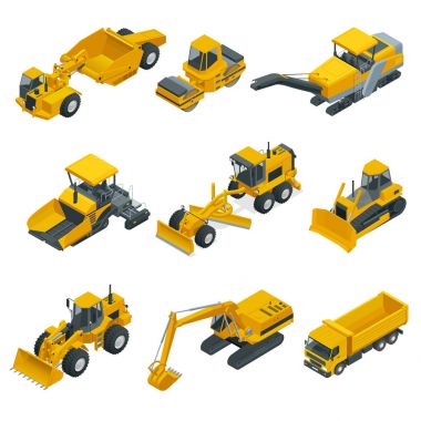 Büyük inşaat ekipmanları izometrik kümesi. Forklift, Vinç, Ekskavatör, Traktörler, buldozerler, kamyon.