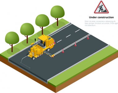 İzometrik kaldırım asfalt yol işaretleme boya ve otoyol inşaat sırasında striping (şeritleme) termoplastik sprey aplikatör makine ile çalışır.