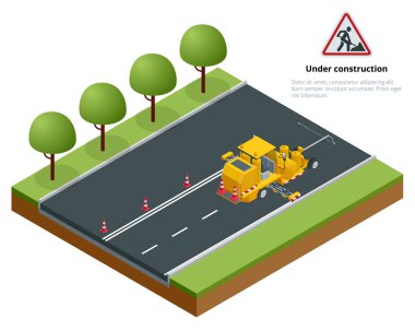 İzometrik kaldırım asfalt yol işaretleme boya ve otoyol inşaat sırasında striping (şeritleme) termoplastik sprey aplikatör makine ile çalışır.