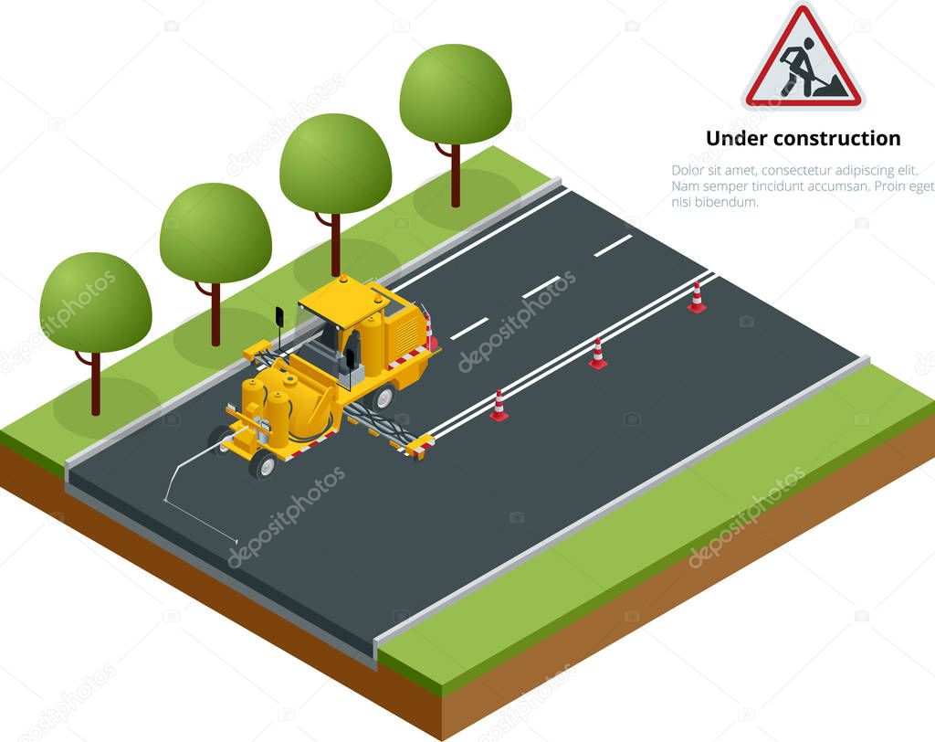 Isometric Pavement Asphalt Road Marking Paint and Striping with Thermoplastic Spray Applicator Machine during highway construction works.