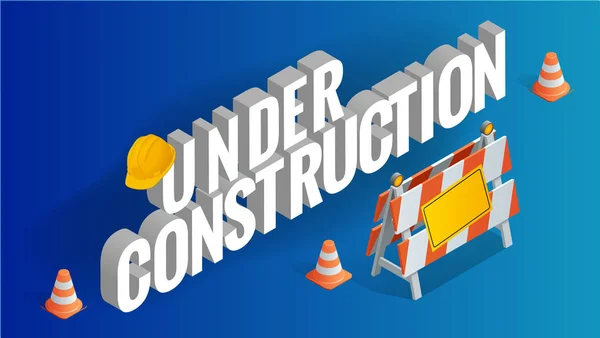 Bajo concepto de construcción. Reparación de carreteras, en construcción señales de tráfico. Ilustración isométrica plana 3d vector . — Vector de stock