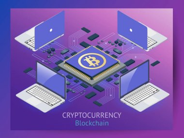 Cryptocurrency ve Blockchain izometrik kompozisyon.