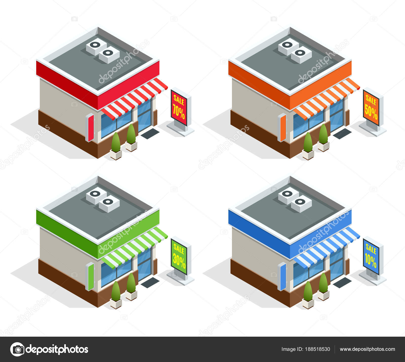 Isometric modern fast food restaurant or shop buildings, store facades
