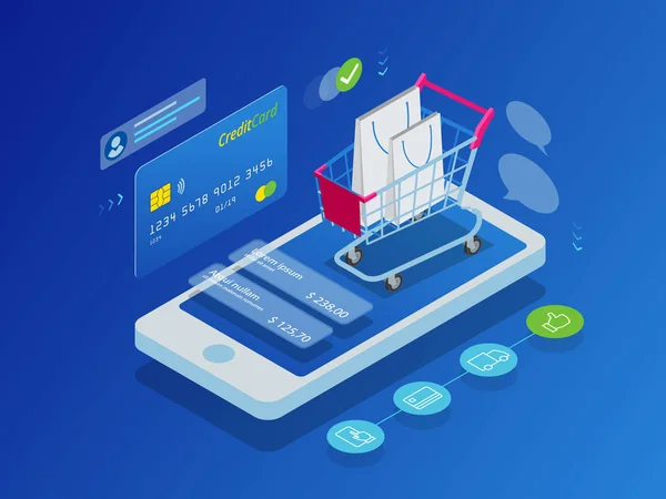 Isometric Smart phone conceito de compras on-line . — Vetor de Stock