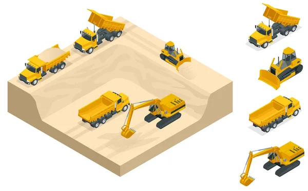 Isometric excavators and bulldozers dig a pit on the sand quarry. — Stock Vector