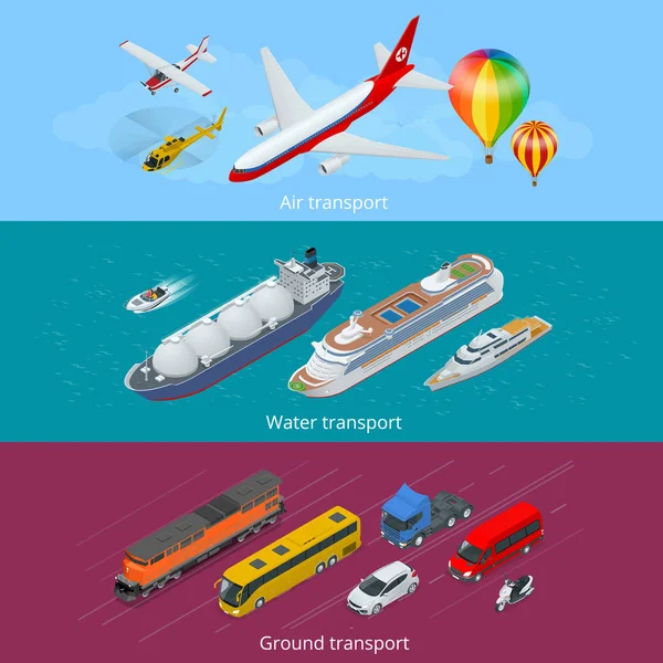 Conjunto de ícones de transporte urbano isométrico plano. Transportes aéreos, terrestres e marítimos . — Vetor de Stock