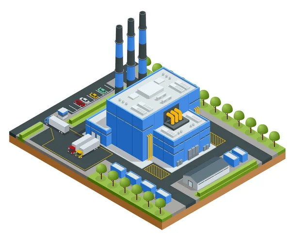 Izometrikus hulladék feldolgozó üzem. Technológiai folyamat. Tehergépkocsi újrahasznosító üzem szállító szemetet. Termelés új termékek, recicled anyagok. — Stock Vector