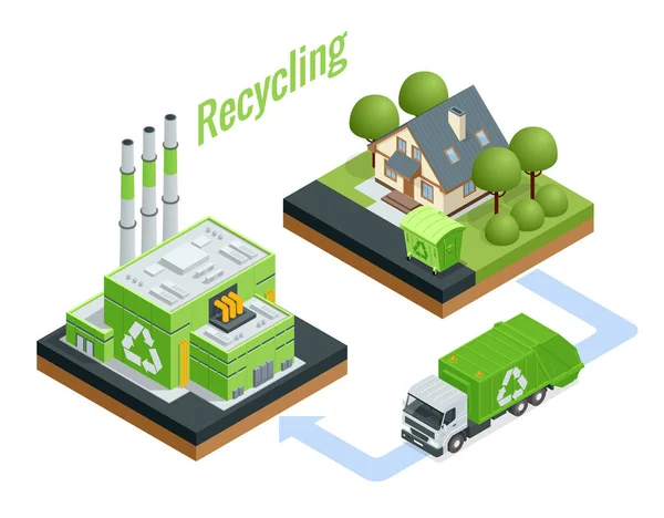 Isometrische afval verwerkingsbedrijf. Technisch procedé. Recycling en opslag van afval voor verdere verwijdering. — Stockvector