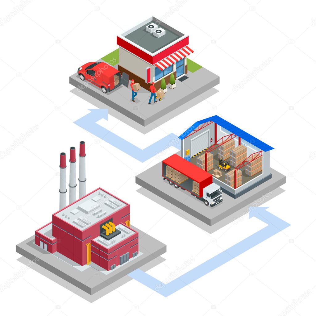 Isometric Waste Processing Plant. Technological process. Truck transporting trash to recycling plant. Production new goods from recicled materials.