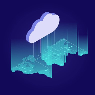İzometrik web Bannerlar için bulut bilgi işlem hizmetleri ve teknoloji, veri depolama