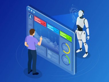 Dijital ekran ile çalışan izometrik bakım mühendisi. Robot programlama