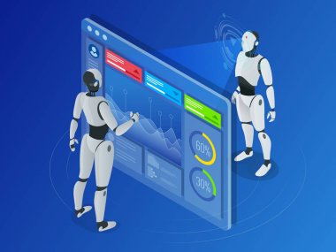 İzometrik robot dijital ekran ile çalışma. Robot program başka bir robot