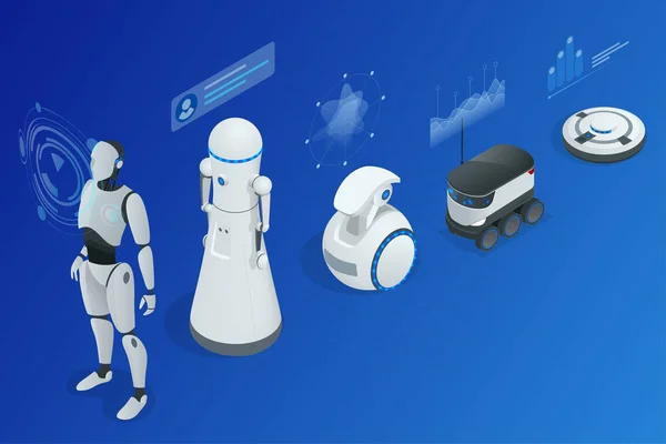 Concepto isométrico programación robot. Infografías de los ayudantes y amigos de Robots — Vector de stock