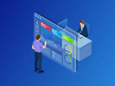 Veri ağ yönetimi izometrik kavramı. Businessmans veri merkezi odasında. Barındırma sunucusu ve bilgisayar veritabanı.