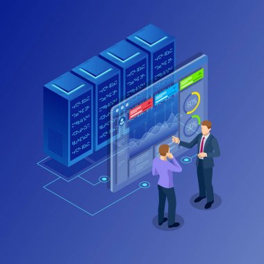 Veri ağ yönetimi izometrik kavramı. Businessmans veri merkezi odasında. Barındırma sunucusu ve bilgisayar veritabanı.