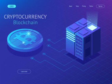 Cryptocurrency ve blockchain izometrik kompozisyon. Büyük veri işleme, gelecek, sunucu Oda raf, veri merkezi enerji istasyonu