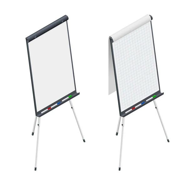 Isometrische leeg Flip-overbord noteren. Whiteboard en lege papier, presentatie en seminar — Stockvector