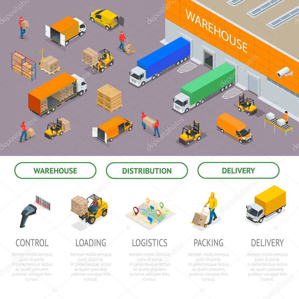 Isometric Warehousing and Distribution Services Concept. Warehouse Storage and Distribution. Ready template for web site or landing page of your company