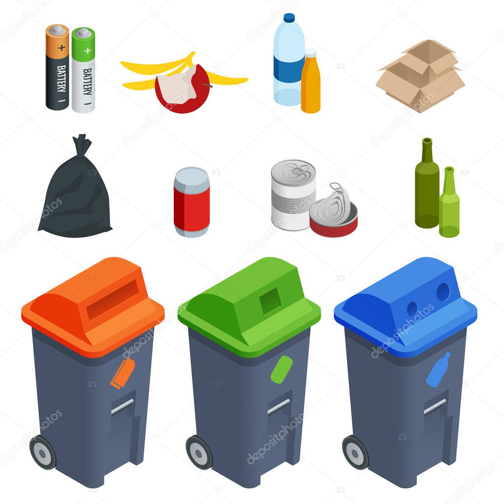Isometric set of waste sorting cans, segregation. Separation of waste on garbage cans. Disposal. Coloured waste bins for plastic, glass, batteries