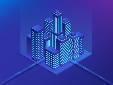 Isometric Gelecek Şehri. Emlak ve inşaat endüstrisi konsepti. Sanal gerçeklik. Vektör illüstrasyonu.